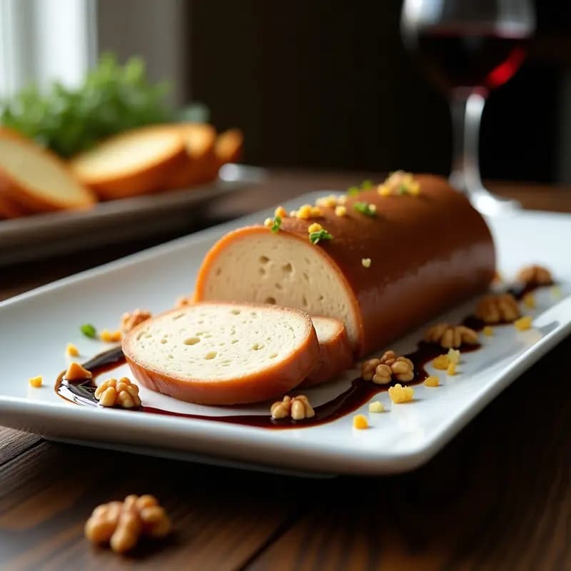 Terrina de foie con Pedro Ximénez cortada en rodajas sobre plato blanco, con tostadas doradas y nueces picadas alrededor. Textura cremosa y color marrón oscuro con vetas claras.