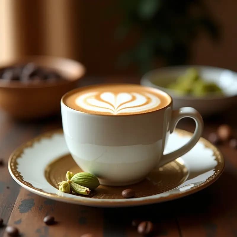 Taza de porcelana blanca con Texpresso de café arábica y cardamomo, capas de café oscuro y espuma de leche de almendras, vaina de cardamomo verde como decoración y fondo de especias y granos de café.