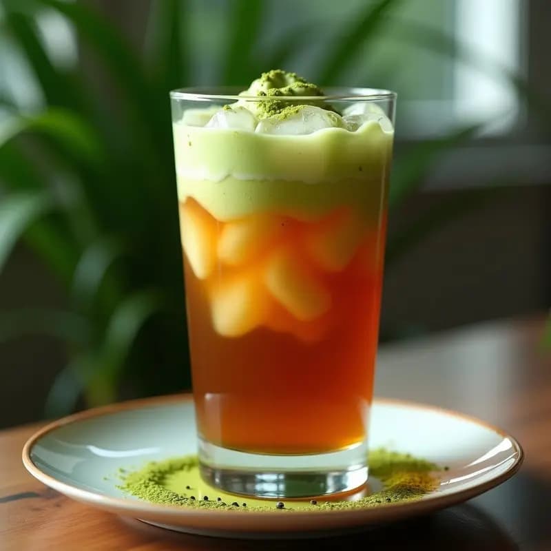 Vaso alto transparente con Thai Ice Tea con burbujas de matcha, capas de té negro especiado y leche de coco, decorado con hielo picado y semillas de chía en el fondo. Bebida tailandesa refrescante y antioxidante.