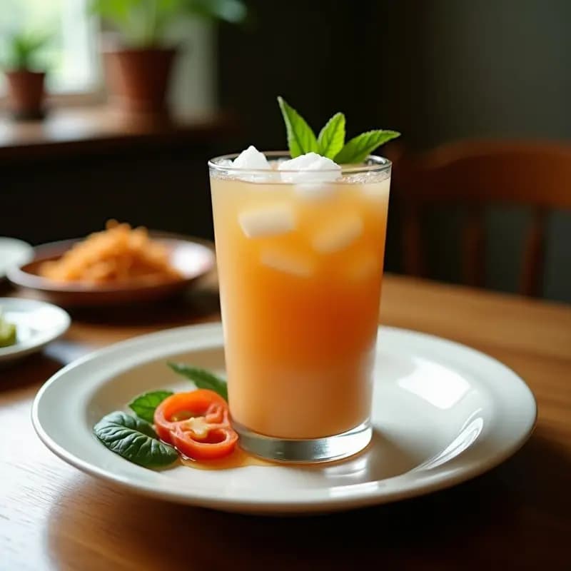 Vaso alto transparente con Thai Iced Tea con leche de coco, mostrando capas naranjas y blancas, decorado con una rama de canela y hielo en cubos, sobre fondo de madera rústica con luz natural.