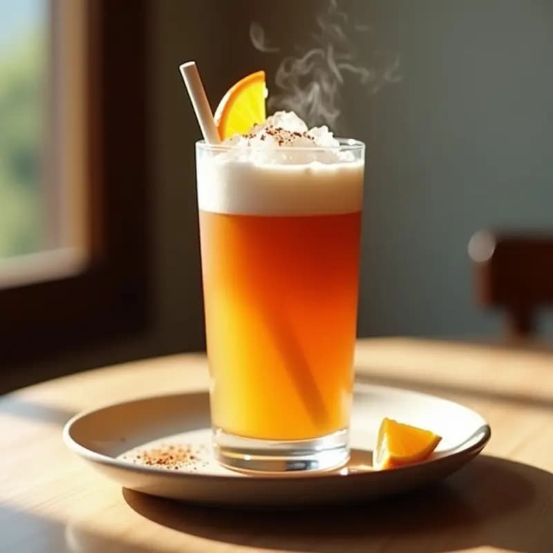 Vaso alto transparente con Thai Tea Latte en capas: base naranja oscura de té especiado con hielo y capa superior cremosa de leche de avena espumosa. Decorado con una pizca de cardamomo molido y una pajita negra. Fondo borroso con especias enteras (anís estrellado y clavo) y hojas de té negras.