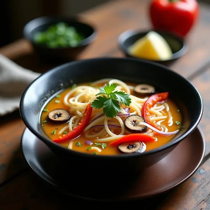 Plato hondo de cerámica negra con Thukpa de fideos de arroz y verduras tibetana vegana, caldo dorado especiado con jengibre y pimienta de Sichuan, decorado con perejil fresco y rodajas de limón.