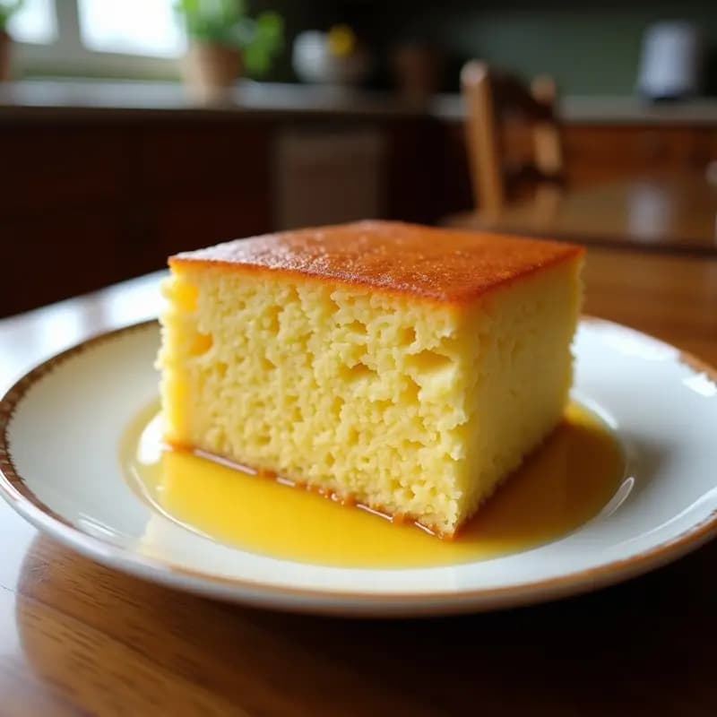 Postre brasileño Tico Tico no Fubá vegano en molde rectangular, dorado por encima con coco rallado, cortado en cuadrados y servido en plato blanco con fondo rústico de madera.