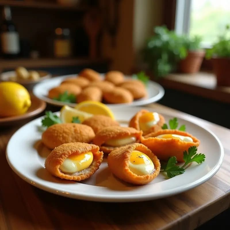 Plato blanco con tigres rellenos de atún y huevo dorados y crujientes, servidos sobre conchas de mejillón con gajos de limón al lado, receta tradicional española.
