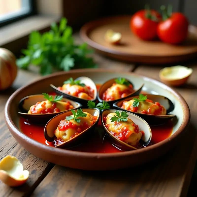Plato de Tigres en Salsa: mejillones rellenos con salsa de tomate y ajo, gratinados al horno con un toque picante, servidos en conchas sobre una bandeja rústica con perejil fresco.