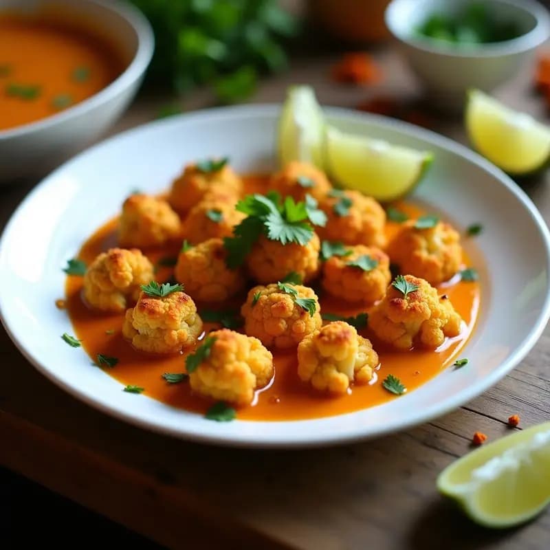 Plato de cerámica blanca con Tikka Masala de coliflor asada keto: floretes dorados y crujientes bañados en salsa cremosa de anacardos y leche de coco, decorados con cilantro fresco y rodajas de limón, sobre fondo rústico.