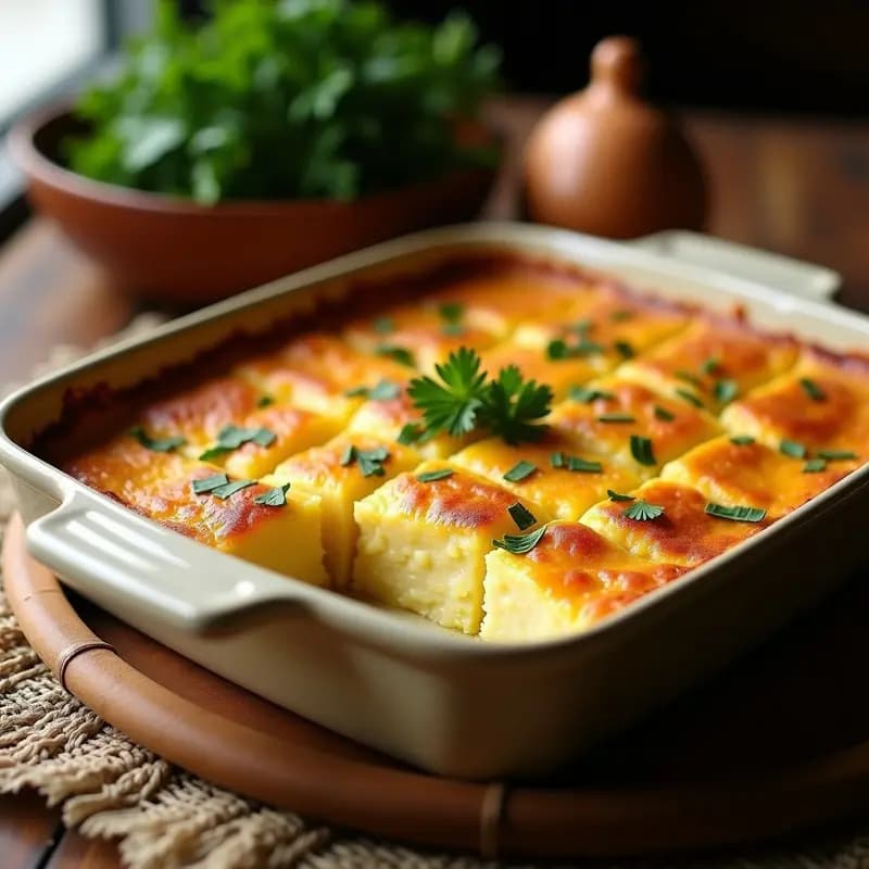 Tikom boliviano gratinado en molde rectangular: pastel de yuca dorado con costra crujiente de queso parmesano, cortado en porciones y servido con perejil fresco.