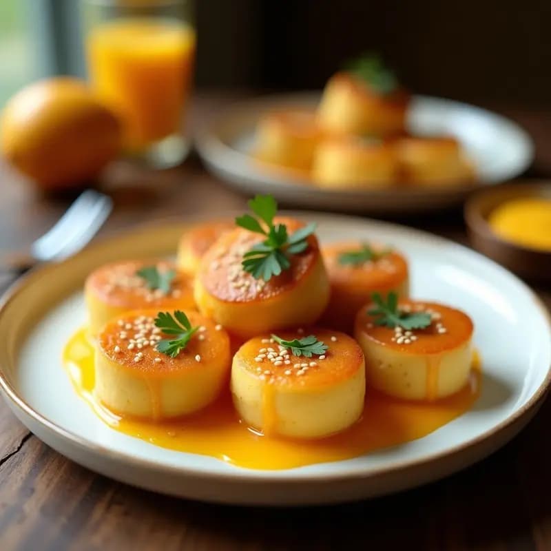Pasteles dorados de Tikoy Filipino de Año Nuevo con textura pegajosa y crujiente, servidos en un plato de cerámica blanca con salsa de mango vibrante y semillas de sésamo tostadas espolvoreadas.