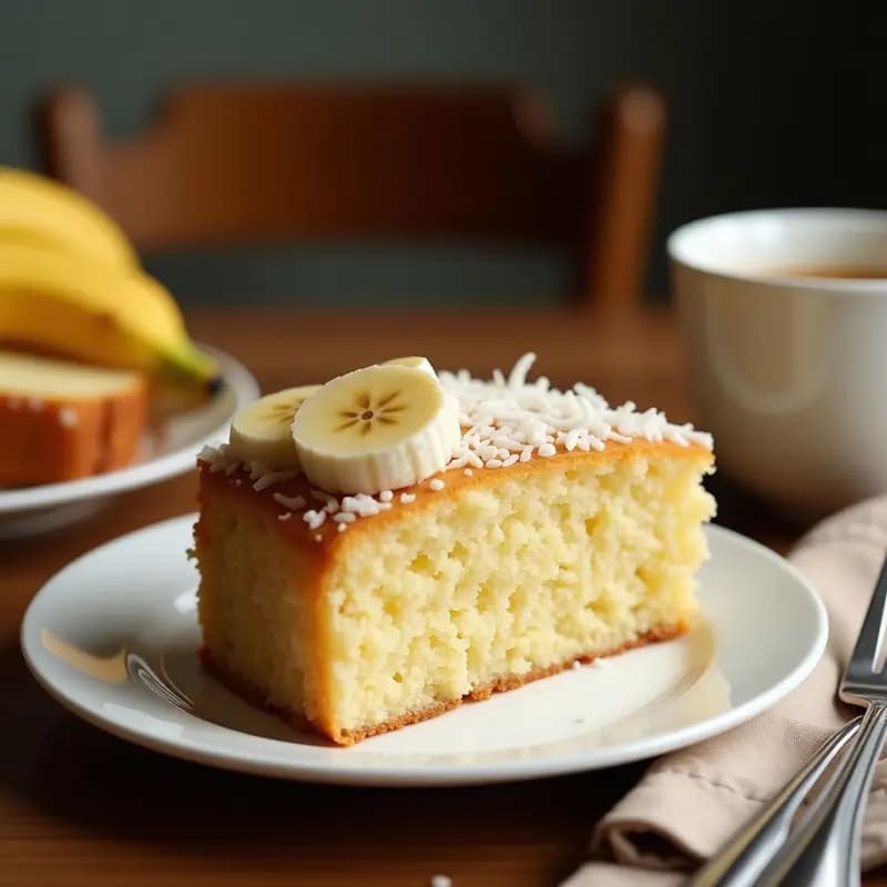 Tikoy de plátano macho y coco rallado cortado en porciones rectangulares, dorado por fuera y esponjoso por dentro, con coco rallado tostado en la superficie. Postre filipino sin gluten servido en una tabla de madera rústica con hojas de plátano de decoración.
