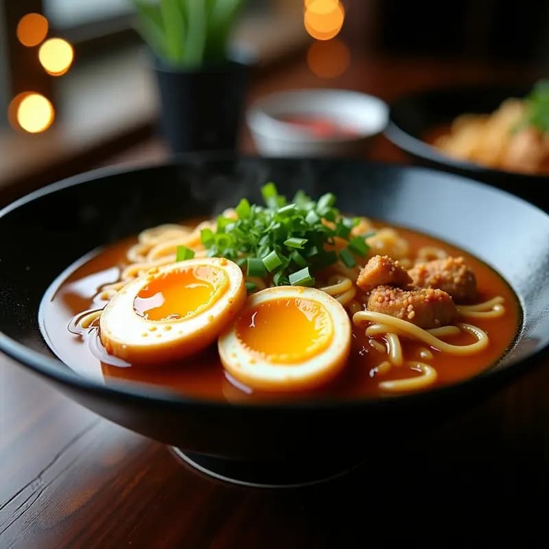 Cuenco hondo de cerámica negra con ramen de pollo y huevos marinhados cortados por la mitad, fideos de trigo, cebolla morada, pimiento rojo y cebollino. Caldo dorado con especias visibles y semillas de sésamo espolvoreadas, receta coreana-japonesa viral.