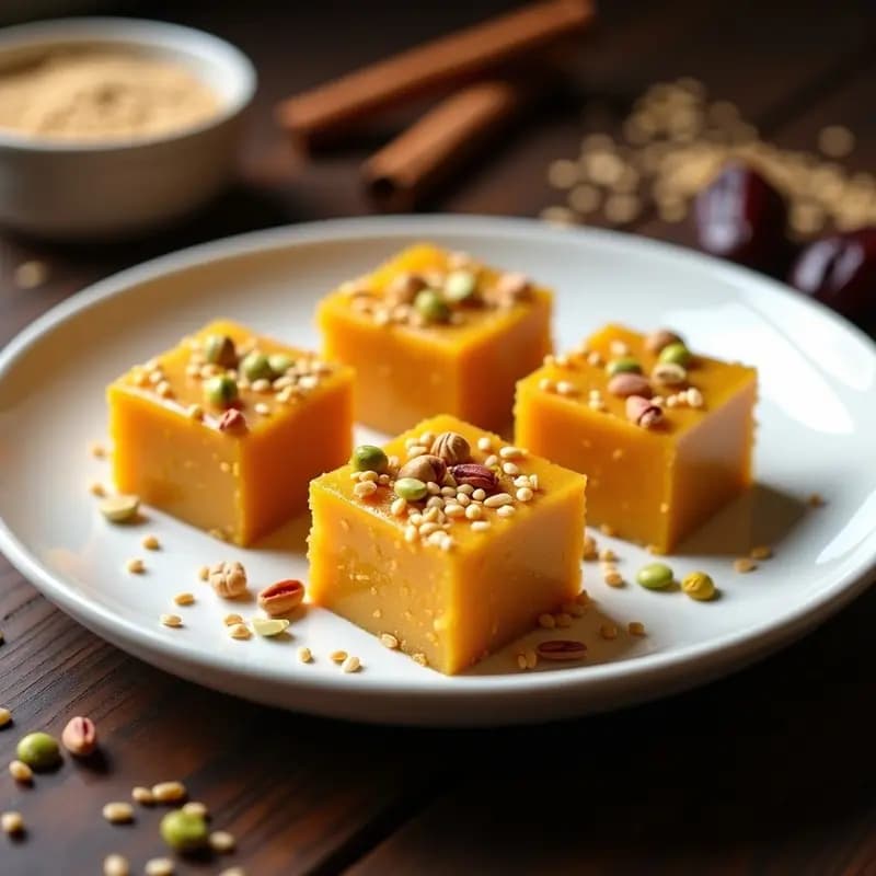 Plato blanco rústico con porciones cuadradas de Tikva Halva, postre judío de calabaza y tahini sin azúcar, decorado con semillas de sésamo tostadas y pistachos picados. Textura dorada y granulada con un fondo de especias.