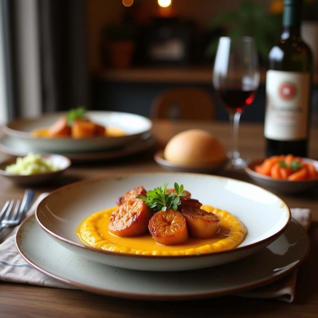 Timbal de lentejas pardinas y puré de calabaza con reducción de oporto en plato blanco, capas bien definidas de puré naranja y lentejas oscuras, bañado en salsa brillante de oporto, decorado con perejil fresco y virutas de almendra, fondo rústico con luz natural.