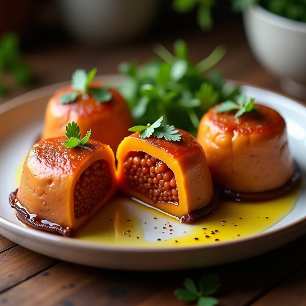 Timbales de puré de batata y lentejas corail al horno, servidos en moldes metálicos con brillo dorado. Capas visibles de puré de batata naranja y lentejas rojas, decorados con un hilo de aceite de oliva y perejil fresco. Plato vegano, sin gluten y alto en proteína.