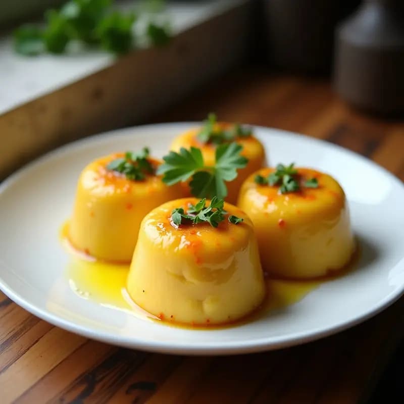 Timbales de puré de yuca dorados en molde individual, rellenos de carne molida especiada, servidos sobre plato blanco con cilantro fresco y hilo de aceite de oliva, receta cubana en microondas.