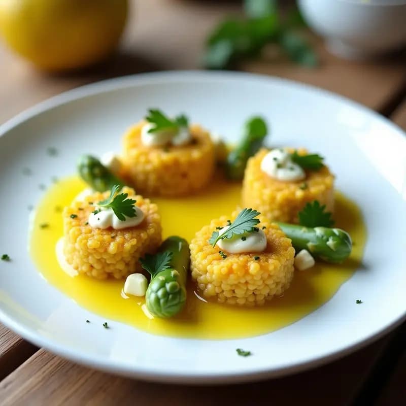 Timbales de quinoa dorada con crema de cúrcuma amarilla y espárragos blancos, decorados con ralladura de limón y perejil fresco sobre un plato blanco rústico. Entrante vegano gourmet en Thermomix.