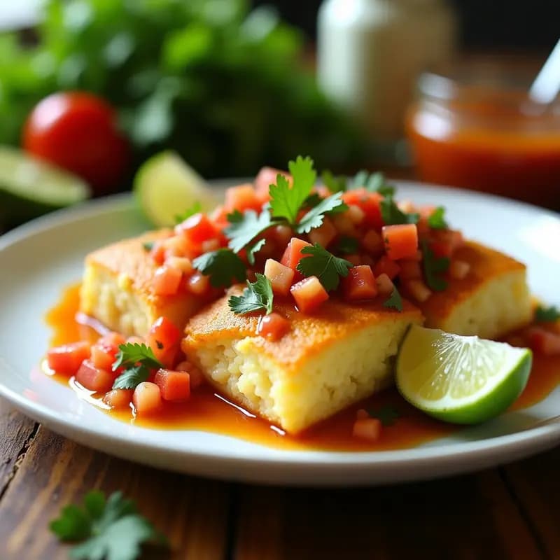 Timbales de yuca y bacalao desalado con salsa criolla servidos en moldes dorados, con capas visibles de puré de yuca cremoso y bacalao desmenuzado, acompañados de una vibrante salsa criolla de cebolla morada, pimiento rojo y cilantro. Plato tradicional puertorriqueño sin gluten.