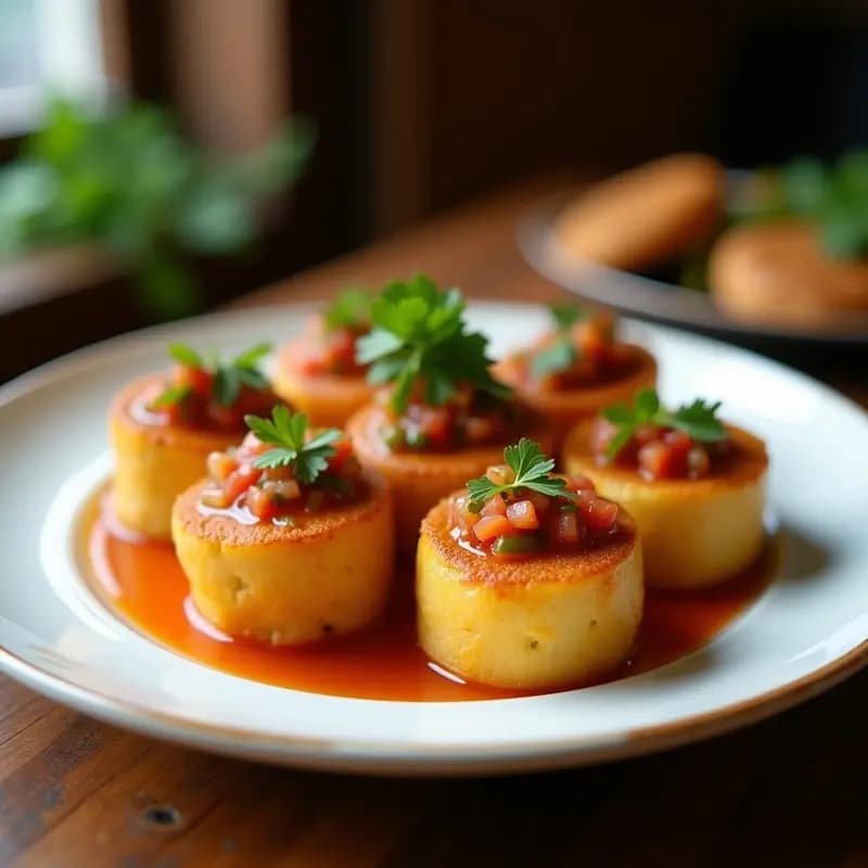Timbales dorados de yuca con relleno de carita de cerdo, servidos en plato blanco con salsa criolla de cebolla morada, tomate y cilantro. Entrante colombiano sin gluten.