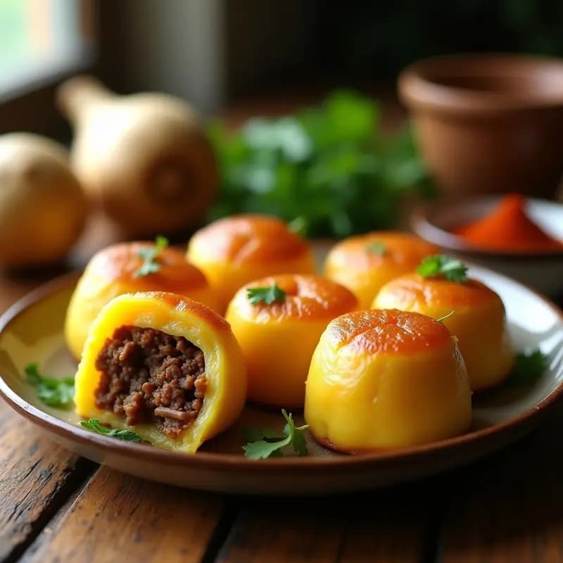 Timbales de yuca y carne mechada vegana en molde de silicona, con puré dorado y relleno jugoso de seitán y champiñones, decorados con cilantro fresco sobre fondo rústico.