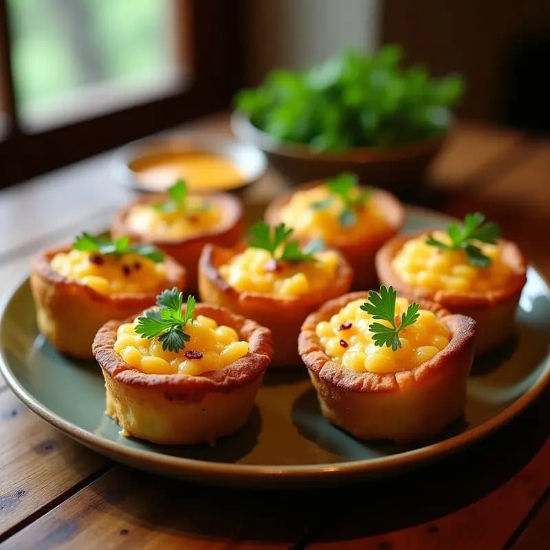 Timbales de yuca dorados en moldes individuales, rellenos de queso de almendras cremoso, decorados con perejil fresco. Aperitivo cubano vegano y sin gluten sobre fondo rústico de madera.