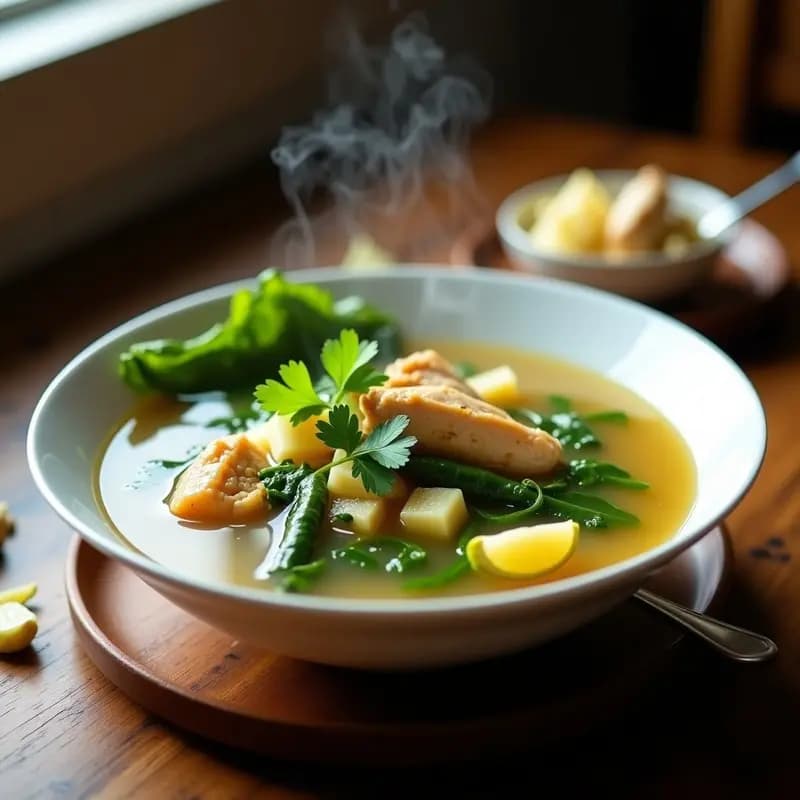 Cuenco hondo de cerámica blanca con Tinolá Filipino: sopa dorada con trozos de pollo jugoso, chayote verde claro, espinacas frescas y rodajas de jengibre, decorado con hojas de cilantro y un gajo de limón al lado.