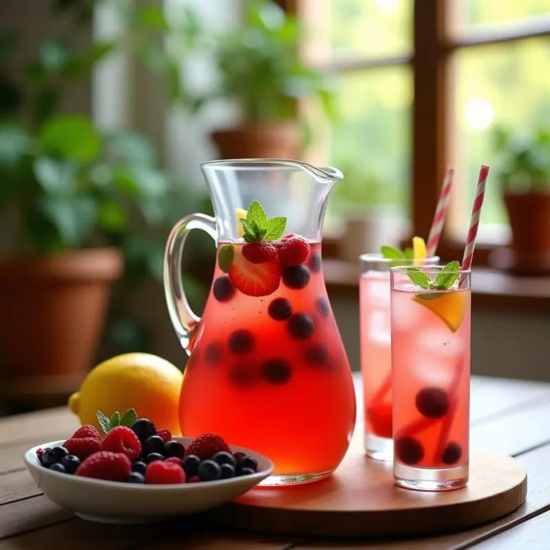 Jarra de cristal transparente llena de Tinto de Verano con Frutas Rojas y Menta, con rodajas de fresa, frambuesas, arándanos y hojas de menta flotando. Vasos altos con hielo y pajitas de papel al lado, sobre una mesa de madera rústica con fondo de terraza veraniega.