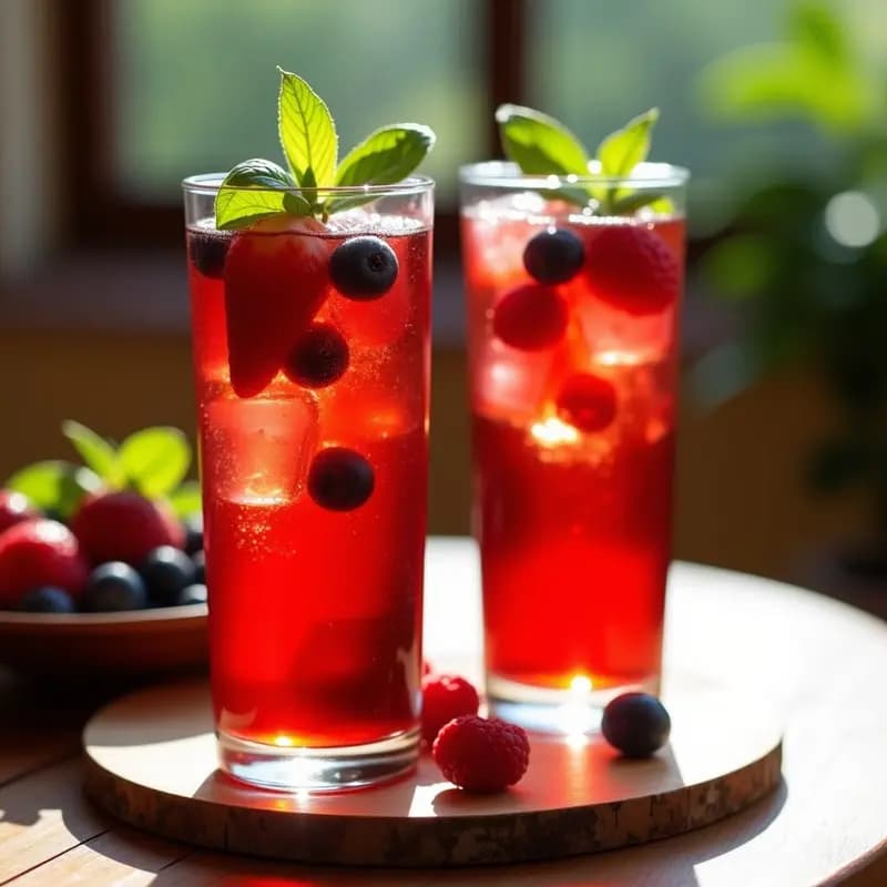 Dos copas altas con tinto de verano de color rojo intenso, decoradas con frutos rojos frescos (fresas, frambuesas) y hojas de albahaca verde sobre cubitos de hielo, con fondo de terraza soleada.