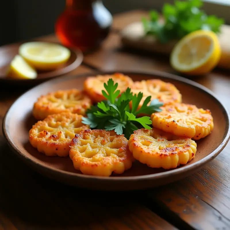 Plato tradicional paraguayo de tiraitá con filetes de pescado empanizado dorado y bastones de mandioca crujiente, acompañado de cebolla morada, tomate y perejil fresco, servido en un plato de barro rústico.