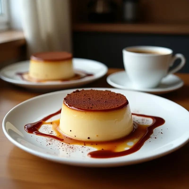 Tiramisú francés en fuente rectangular de cristal, con capas visibles de bizcochos de soletilla empapados en café, crema de mascarpone espesa y un generoso espolvoreado de cacao puro en polvo. Decorado con granos de café y pimienta rosa al lado.