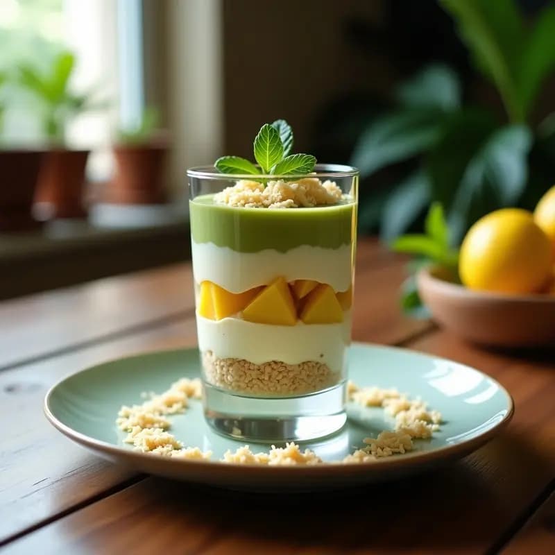 Copas de cristal transparente con tiramisú de matcha y maracuyá en capas, mostrando el verde intenso del matcha y el amarillo vibrante de la maracuyá. Decorado con coco rallado y hebras de matcha, sobre un fondo de madera clara con hojas de menta.