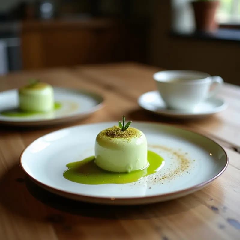 Tiramisú de matcha y mascarpone en copa de cristal transparente, con capas visibles de crema verde claro y galletas de almendra, decorado con semillas de chía y cacao en polvo, sobre fondo blanco.