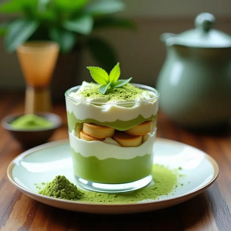 Tiramisu de matcha en copa de cristal transparente, con capas visibles de bizcochos de soletilla empapados en sirope verde, crema de mascarpone blanca y polvo de matcha esparcido por encima.
