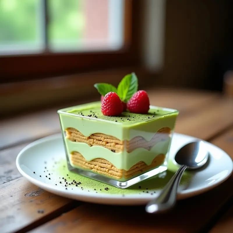Tiramisú de matcha en molde de cristal con capas visibles: galletas de almendra doradas, crema vegana blanca y polvo de matcha verde. Espolvoreado con cacao en polvo, sobre fondo rústico de madera con hojas de té.