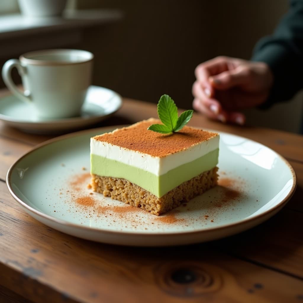 Vasitos de cristal transparente con capas de tiramisu vegano: bizcochos de avena empapados en café espresso, crema verde de matcha y coco, y decoración con coco rallado y cacao en polvo. Plato servido sobre una mesa de madera con hojas de menta.