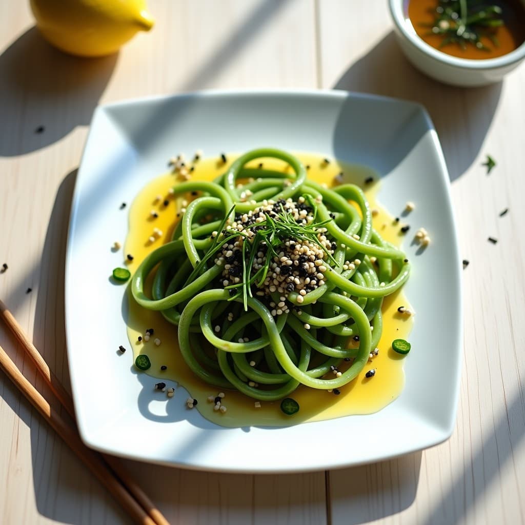 Plato blanco alargado con tirin de espárragos trigueros frescos en tiras finas, bañados en vinagreta de yuzu brillante, decorados con semillas de sésamo negro, almendras laminadas y cebollino picado. Receta japonesa vegana en 12 minutos.