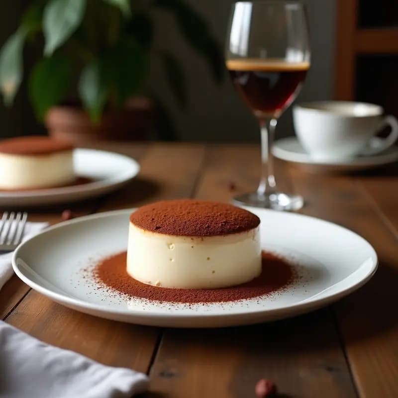 Copas de cristal transparente con tirinamisu de café y cacao sin lácteos, capas visibles de bizcocho de soja empapado en café, crema de cacao y aquafaba montada, decorado con virutas de cacao y almendras fileteadas.