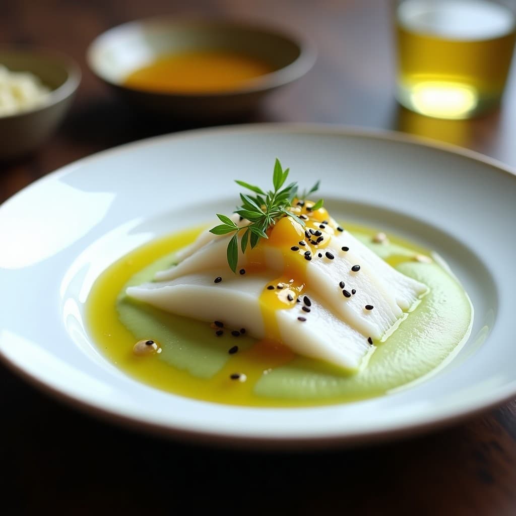 Plato elegante con puré de apio cremoso como base, tiritas de merluza blanca dispuestas en abanico sobre el puré, bañadas con vinagreta de yuzu amarilla y decoradas con semillas de sésamo negro, nueces de macadamia picadas y cebollino fresco. Receta japonesa keto en 20 minutos.