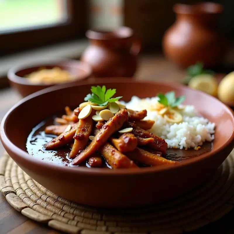 Plato hondo de barro con tiritas de pollo bañadas en mole oscuro, espolvoreadas con semillas de calabaza tostadas y almendras fileteadas. Acompañado de arroz blanco y decorado con hojas de cilantro fresco, receta tradicional mexicana.