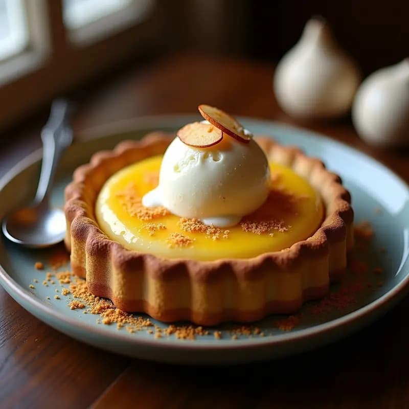 Postre Tirma de Gozo canario en molde redondo: base dorada de galleta, capa cremosa de bienmesabe de almendras y yema, cubierto de helado de vainilla blanco y almendras fileteadas tostadas.