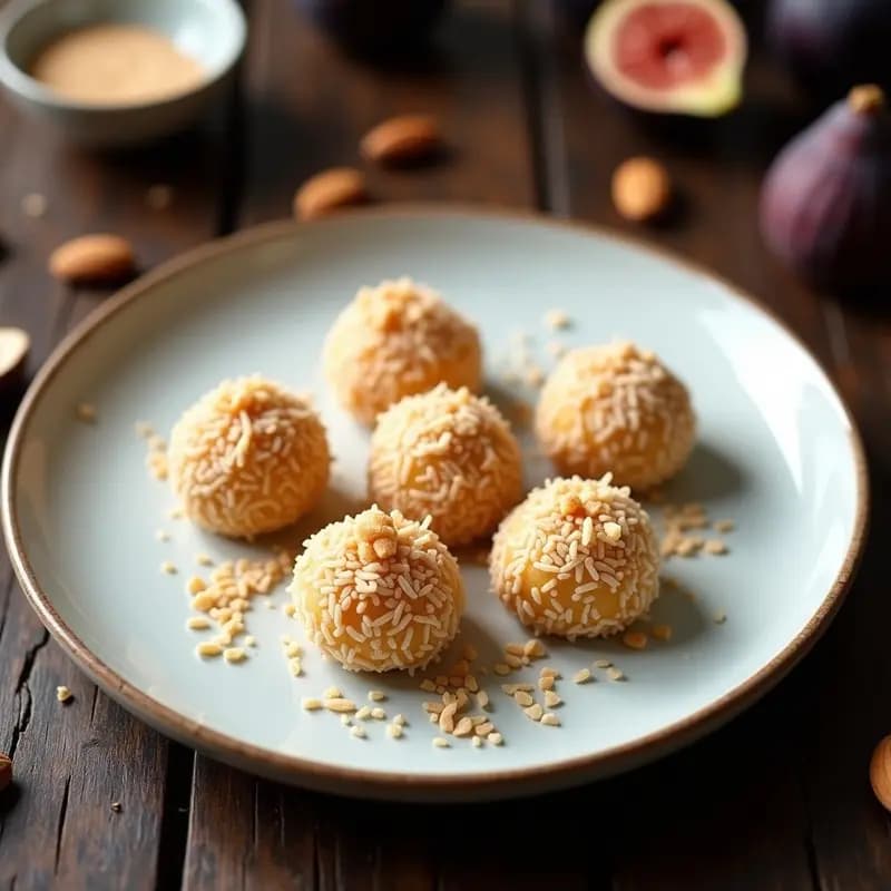Plato blanco con 6 unidades de tirma de Gozo, postre canario tradicional en forma de bola, rebozadas en coco rallado, con trozos de almendra visible y un fondo rústico de madera con higos secos y canela en polvo esparcida.