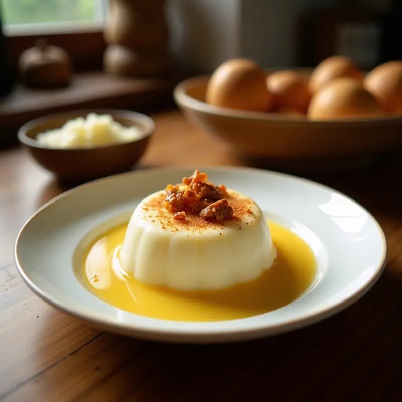 Pudín brasileño Tiropa de Aipim en molde de cerámica blanca, dorado por encima, con trozos de coco rallado y un espolvoreado de canela, servido en plato rústico de madera con fondo de hojas de palma.