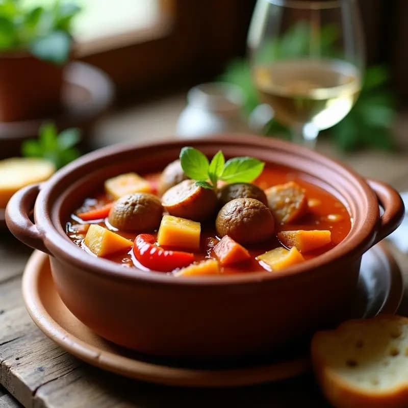 Olla de barro humeante con titaina manchega de conejo y tomate, trozos de carne dorada, patatas y salsa espesa de tomate y pimiento, servida en plato hondo rústico sobre mesa de madera.