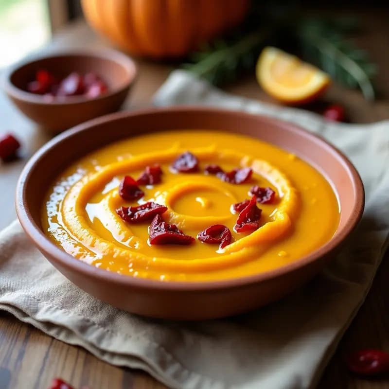 Plato hondo de barro con puré de calabaza y patata de color naranja intenso, decorado con trocitos de pimientos secos y un hilo de aceite de oliva virgen extra. Receta tradicional de tiznao andaluz.