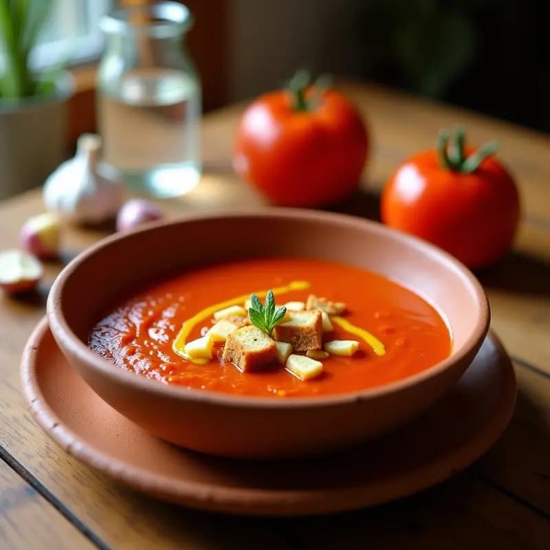 Cuenco de barro rústico con crema fría Tiznao Manchego de color rojo intenso, decorado con un hilo de aceite de oliva virgen extra y trocitos de pan tostado. Fondo borroso con tomates, ajos y una jarra de agua fresca sobre una mesa de madera.