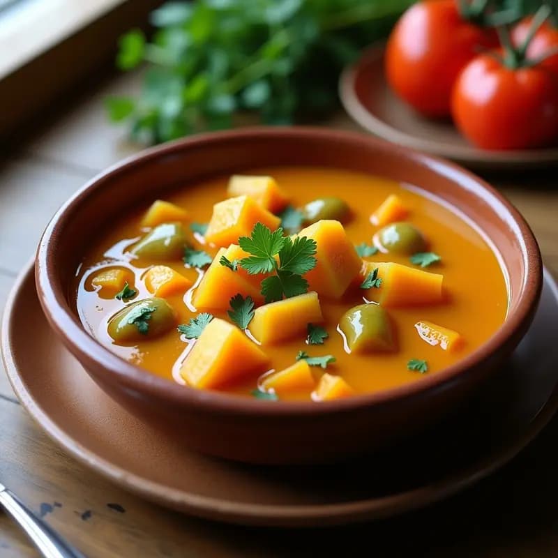 Plato hondo de barro con tiznao extremeño de calabaza y patata, textura cremosa con trozos enteros, decorado con un hilo de aceite de oliva virgen extra y perejil fresco picado.