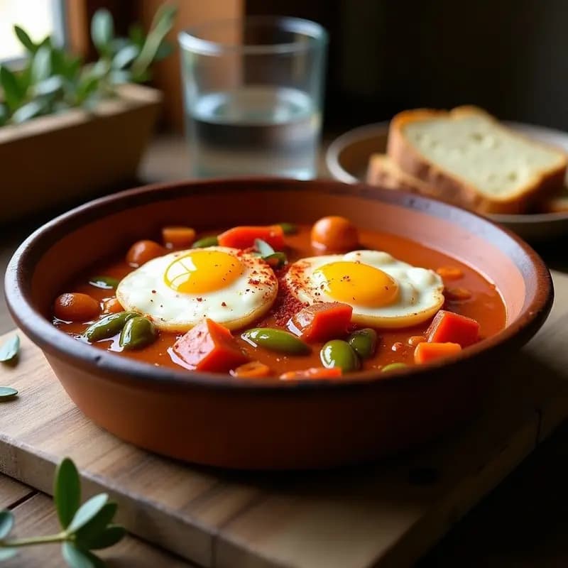 Plato hondo de barro con Tiznao Extremeño con Pan de Pimiento, huevos cuajados en la superficie, trozos de pimiento rojo y verde, y un toque de pimentón espolvoreado. Receta de aprovechamiento tradicional extremeña.