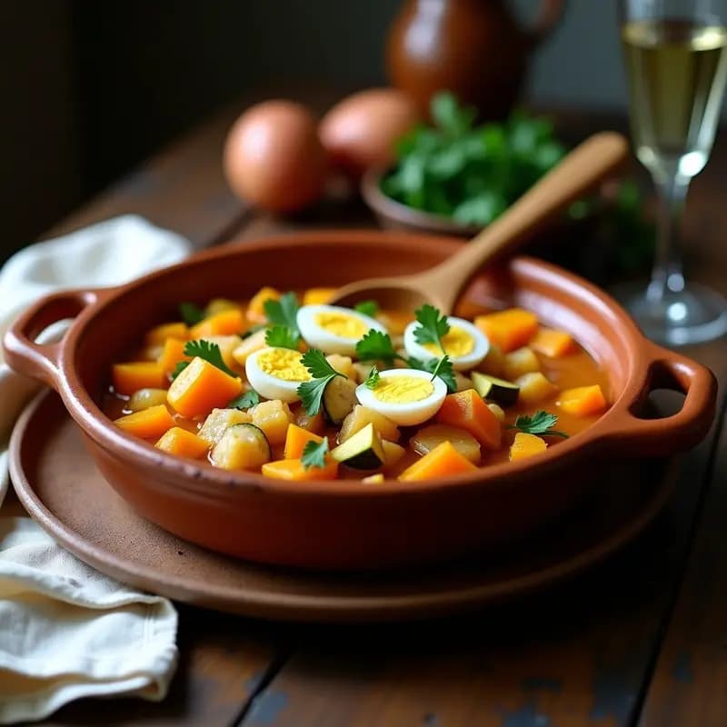 Cazuela de barro humeante con Tiznao Manchego: pisto de calabaza y calabacín en trozos, bacalao desmenuzado y huevo duro picado, espolvoreado con perejil fresco. Plato tradicional español reconfortante.