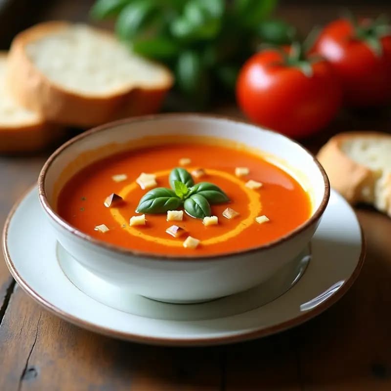 Cuenco de cerámica blanca lleno de tiznao manchego, sopa fría de color rojo intenso con trocitos de pimiento verde asado y un hilo de aceite de oliva virgen extra. Fondo rústico con pan de barra y tomates frescos.