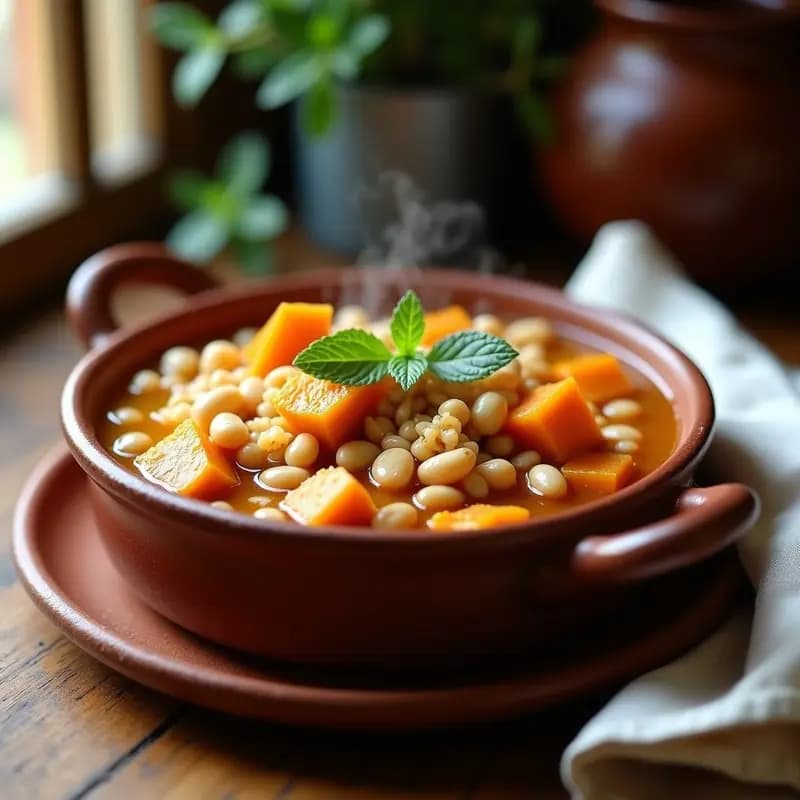 Olla de barro humeante con tiznao murciano, un potaje espeso de calabaza naranja, judías blancas y arroz, decorado con una hoja de laurel. Plato tradicional de cuchara sobre fondo rústico de madera con pan tostado al lado.