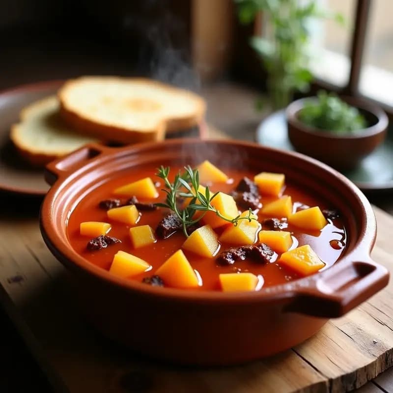 Cazuela de barro humeante con Tiznao Murciano, guiso tradicional murciano de calabaza, ñora y patata con toque ahumado, servido en plato hondo de cerámica rústica.