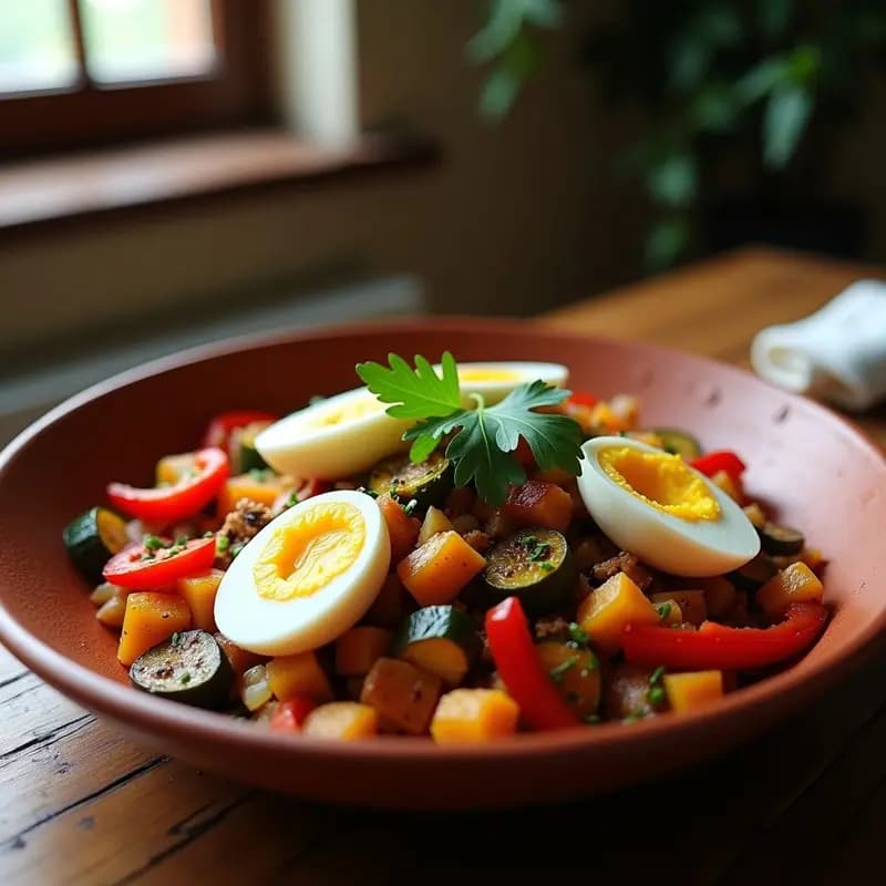 Plato rústico de barro con Tiznao Murciano: pisto de pimientos asados, calabacín, berenjena y cebolla, mezclado con trozos de bacalao desalado y huevo duro en cuartos. Decorado con perejil fresco y un hilo de aceite de oliva virgen extra sobre fondo de madera.